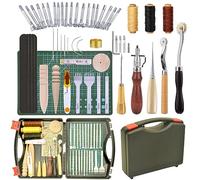 59-Piece Leather Working Kit with Tool Box, Starter Kit Including Waxed Thread Groover, Awl, Stitching Punch, Stamping Tools for Leather Craft