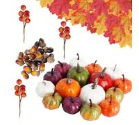 59 Piece Plastic Pumpkins Autumn Set, Artificial Pumpkins Decorations with Maple Leaves Acorns Pine Cones Pumpkin Red Berries for Autumn Thanksgiving Halloween Decoration Indoor Outdoor (Yellow)