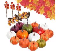 59 Piece Plastic Pumpkins Autumn Set, Artificial Pumpkins Decorations with Maple Leaves Acorns Pine Cones Pumpkin Red Berries for Autumn Thanksgiving Halloween Decoration Indoor Outdoor (Orange)