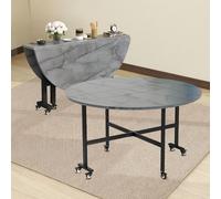 59" Round Drop Leaf Dining Table for 9 11 People Wooden Folding Table with 6 Wheels Space Saving Design for Living Room Farmhouse Style Versatile and Mobile