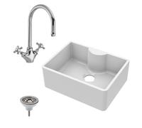 595mm - Fireclay 1 Bowl Butler Kitchen Sink - Tap Ledge, Mono Mixer Tap, & Waste