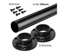 Wardrobe Rail Round Hanging Set Black Tube 25mm + End Bracket+ Black Screws Furniture Closet Clothes Hanger (595mm Rail + Brackets)