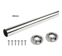 B2C Wardrobe Rail Round Hanging Chrome Gloss Tube 25mm End Supports Screws 3 Lengths Silver (595mm Rail + Brackets)