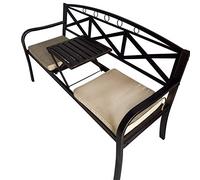 59in Outdoor Garden Coffee Table Chair, Metal Bench with Lifting Table, Anti-Rust Weather Resistant Patio Seating, Perfect for Deck and Porch Leisure - No Cush Required