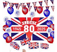 59Pcs VJ Day 80th Anniversary Flag Decorations Set - 150 x 90cm VJ Day Large Flag with 10m Bunting Flags Banner, 10Pcs Small Flags and 18 Balloons for 80 Years Victory In Japan 1945-2025 Decorations
