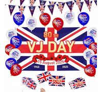 59Pcs VJ Day 80th Anniversary Flag Decorations Set - 150 x 90cm VJ Day Large Flag with 10m Bunting Flags Banner, 10Pcs Small Flags and 18 Balloons for 80 Years Victory In Japan 1945-2025 Decorations