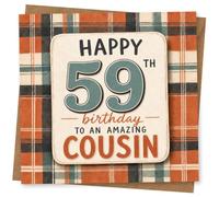 59th Birthday Card, Classic Plaid, Vintage-Style Cousin Text | Classic plaid with bold lettering and vintage styling; sends “amazing cousin” birthday wishes for 59th.