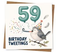 59th Birthday Card for Her, Birthday Tweetings Bird | Celebrate her 59th with teal balloon-style “59”, a party-hat bird blowing a streamer, and “Birthday Tweetings” wording.