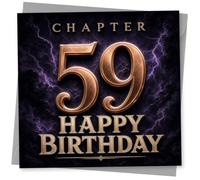 59th Birthday Card for Her, Chapter 59 Purple Lightning | Ornate gold-style CHAPTER 59 lettering over dramatic purple lightning, delivering a striking 59th birthday message for her.