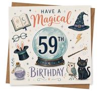 59th Birthday Card for Her, Crystal Ball and Cute Cats | Celebrate her 59th with a wizard-themed crystal ball, spellbook and stars, plus cute cat characters for extra fun.