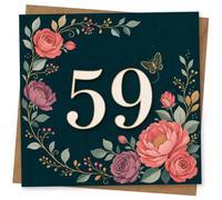59th Birthday Card for Her, Dark Teal Florals, Large 59 | Large 59 with pink and purple blooms and leafy botanical details on a stylish dark teal background-her 59th.