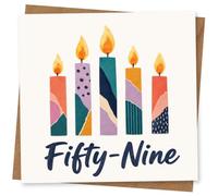 59th Birthday Card for Her, Five Candles, Fifty-Nine | Five colourful candle illustrations with bold “Fifty-Nine” script to celebrate a cheerful 59th birthday for her.
