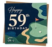 59th Birthday Card for Her, Golf Green, Flag and Cart | Modern course artwork for her 59th, with a bright flag pin, ball on the green, winding fairway paths, water and a golf cart.