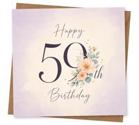 59th Birthday Card for Her, Happy Birthday Florals | Stylish “Happy 59th Birthday” message in navy script, decorated with soft peach blooms and leafy sprigs.