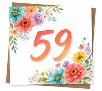 59th Birthday Card for Her, Watercolour Flowers & Large 59 | Bright floral watercolour frame with a large “59” on the front-an elegant, upbeat milestone card for her 59th.