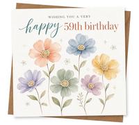 59th Birthday Card for Her, Watercolour Flowers & Script | Cheerful pastel floral watercolour design featuring the wording “wishing you a very happy 59th birthday”.