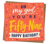 59th Birthday Card for Niece, Coral Confetti 'Oh My God' | For your Niece’s 59th: bright coral confetti and bold lettering saying “Oh my god you’re fifty-nine” plus “Happy Birthday!”