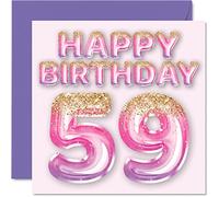 59th Birthday Card for Women - Pink & Purple Glitter Balloons - Happy Birthday Cards for 59 Year Old Woman Mum Nanny Grandma Gran Auntie, 145mm Bday Greeting Cards Gift