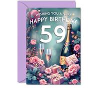 59th Birthday Card - Pink Presents Champagne Bottle - Gorgeous Pretty Beautiful Birthday Cards for 59 Year Old Woman Women, 5x7 Inch Greeting Cards Gift