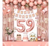 59th Birthday Decorations for Women Girls, Happy 59 Birthday Decorations for Her, Rose Gold Birthday Party Supplies with Banner, Number Balloons, Fringe Curtains, Hanging Swirls