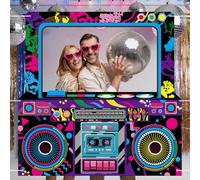 59x59 Inch Neon Boombox Photo Booth Props Frame, Radio Selfie Backdrop Hanging Banner for 80s 90s Hip Hop Music Birthday Party Decorations, Retro Theme Party Supplies Decor