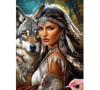 5D American Native Indian Women Wolf Diamond Art 12x16 Inch Full Drill Diamond Painting Kits for Adults & Beginners - DIY Art Crafts for Relaxation and Home Wall Decor 612