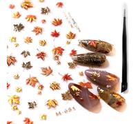 5D Autumn Nail Stickers with Nail Tweezers, Self-Adhesive Fall Nail Art Stickers and Decals, Maple Leaf Gold Design for DIY Manicure Decoration, 1 Sheet