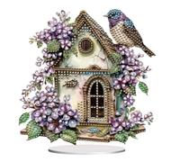 5D Diamond Art Bird House Ornaments Kits, DIY Diamond Art Painting Desktop Bird Ornament, Special Shaped Crystal Diamond Art Painting Tabletop Home Office Decor-01-Bird House