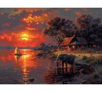 5D Diamond Art Kits Adults Sunset Diamond Painting for Beginners, Elephant DIY Cross Stitch Kits for Adults, Full Drill Crystal Art and Crafts Picture, Home Wall Decor, Gifts for Women 12x16in S-2858