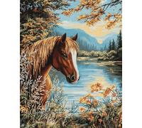 5D Diamond Art Kits, Animal Horse and Lake Scenery Diamond Painting Cross Stitch Kits,Full Drill Crystal Rhinestone Embroidery Pictures Arts Crafts 40x50cm