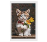 5D Diamond Art Kits for Adults Beginners DIY Kitten Hugging A Flower Full Drill Diamond Painting Gem Art Kits Round Diamond Dots Kit Paint by Numbers for Crafts Gift And Home Wall Decor 8"x12"