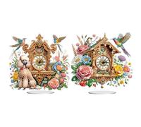5D Diamond Art Ornaments Clock Kits, DIY Diamond Art Painting Floral Desktop Ornament, Special Shaped Crystal Diamond Art Painting Tabletop Home Decor-2PCS-A