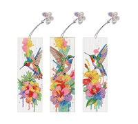5D Diamond Art Painting Bookmarks with Butterfly Pendants, DIY Handmade Diamond Art Cat Bookmarks Gift for Page Marking Double-Sided Pattern-04-Flower Hummingbird