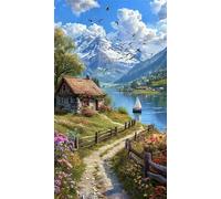 5D Diamond Art Painting,Nature Lake House Diamond Painting Kits for Adults,DIY Round Full Drill Canvas Embroidery Cross Stitch,Diamond Arts Crafts Painting Pictures for Home Wall Decor 100x210cm