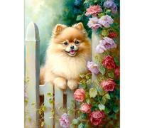 5D Diamond Painting Kit Full Round Drill Resin Rhinestones Puppy in Flower Manor Wall Art 30x40cm DIY Craft for Pet Lovers Home Decor