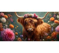 5D Diamond Painting Kits for Adults, Flowers Highland Cattle Large Diamond Art Kits for Adults, DIY Full Round Drill Gem Art Cross Stitch Mosaic Arts Kit, Home Living Room Wall Decor (20x40inch) J-402