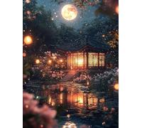 5D Diamond Painting Set, Moon Ancient Pavilion DIY Round Diamonds Painting Full Drill, Gem Art Cross Stitch Ornaments Canvas, Suitable for Beginners Adults Children, Gift for a Woman 30x60cm P1CL-845