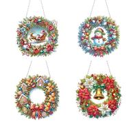 5D DIY Christmas Diamond Art Painting Kit Ornament, 5D Christmas Wreath Hanging Ornament Diamond Art Acrylic Window Hanging Kits-4PCS-C