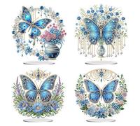 5D DIY Diamond Art Painting Desktop Blue Butterfly Ornament, Diamond Art Tabletop Butterfly Ornaments Handmade Diamond Art Desktop Home Table Decoration-4PCS-C