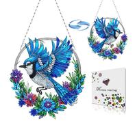 5D DIY Diamond Art Painting Kit Ornament, 5D Special Shaped Rhinestone Round Hanging Ornament Diamond Art Window Hanging Kits Double-Sided Pattern-03-Blue Jay