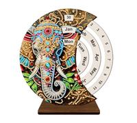 5D DIY Diamond Painting Decorations Ornaments - Elephant Wooden Manual Rotating Calendar Decorated Desktop Round Perpetual Calendar Single Sided Diamond Tabletop Ornaments for Home Decor