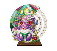 5D DIY Diamond Painting Decorations Ornaments - Garden Gnome Wooden Manual Rotating Calendar Decorated Desktop Round Perpetual Calendar Single Sided Diamond Tabletop Ornaments for Home Decor