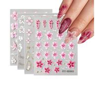 5D Embossed Flower Nail Stickers for DIY Nail Art - Cherry Blossom Self-Adhesive Decals with Gold Star Accents & Textured 3D Effect, 4 Sheets Pink White Floral Designs for Professional Manicure