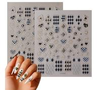 5D Embossed Nail Stickers & Decals - Black White Checkerboard with Gold Edges DIY Nail Art Accessories for Gothic Halloween Designs 2 Sheets with Hearts Diamonds Spades Clubs Stars Moons Geometric