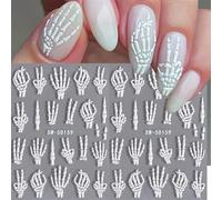 5D Embossed White Skeleton Nail Decals for Women & Girls - DIY Art Self-Adhesive Nail Decoration Supplies - Halloween Scary Skulls, Spiders, Ghosts