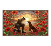 5D Full Round Drill Diamond Painting Kit 40x70cm| Stained Glass Style Memorial Art - Warrior and Loyal War Dog Amidst Poppy Field, Ideal DIY Wall Decor for Remembrance Day and Home