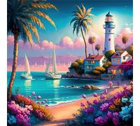5D Island Scenery Diamond Art Painting Kits for Adults,Sailboat Lighthouse Flowers Diamond Painting Kits for Beginner,DIY Full Cross Stitch Embroidery Arts Canvas Pictures Home Wall Decor 50x50cm