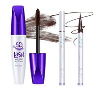 5D Lash Volumising Mascara And Eyeliner Set With Conical Brush, Brown Smudge-Proof Formula In White And Purple Tube - Waterproof Eyeliner Pens For Women, Precision Application, Volumising