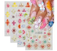 5d Nail Stickers with Embossed Flowers, Tropical Hibiscus and Lily Nail Decals for Summer and Spring Nail Art, Including 4 Pcs for Women and Girls