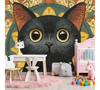 5D Photo Wallpape 300 x 210 cm, Art Deco Animals Black Cat Wall Mural Non-Woven Panoramic Poster Home Decoration Wallpaper, Yellow Murals for Living Room Bedroom Lounge Office
